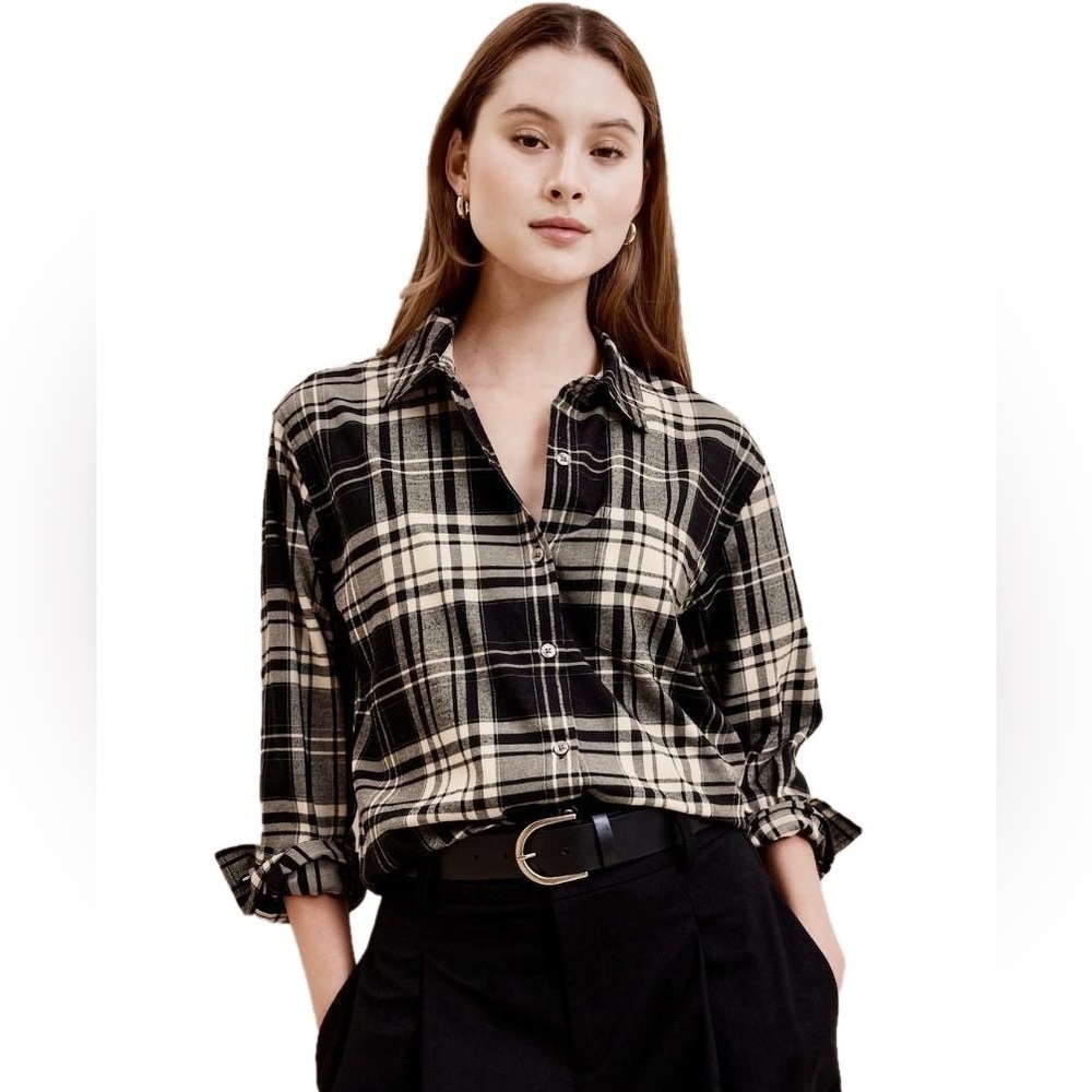 BANANA REPUBLIC Shirt Button Up Lightweight Flannel Black Cream Plaid Wmn S NWT
